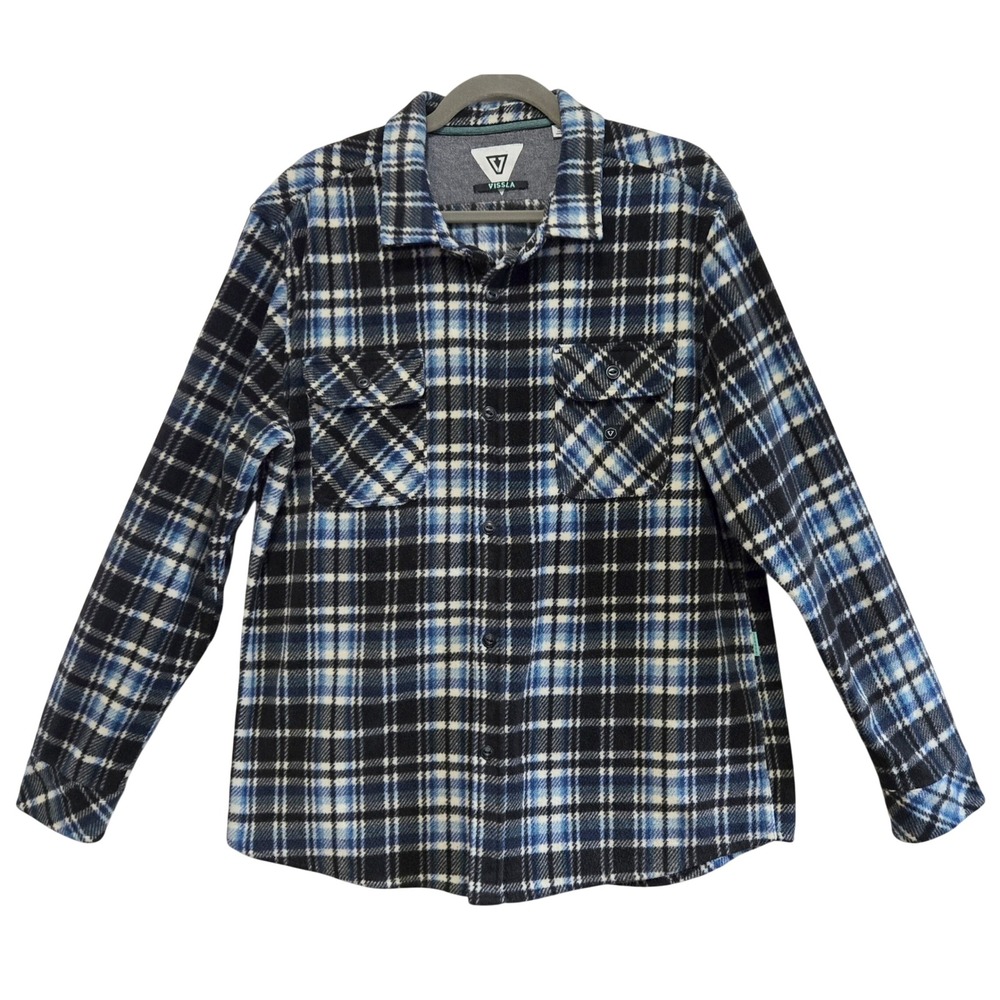 Vissla Mens XL Blue Black Plaid Fleece Button Down Shirt Recycled Polyester